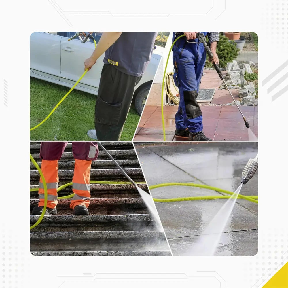 DECA green pressure washer hose multi-scene application infographic, featuring a four-panel collage showing versatile residential cleaning tasks: car detailing on grass, rinsing patio pavers, blasting moss off outdoor stone stairs, and cleaning a concrete driveway.