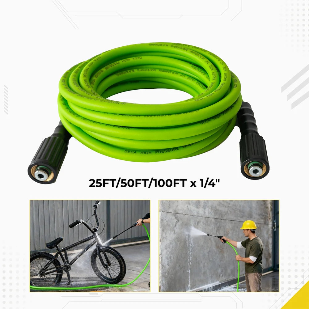 DECA green pressure washer hose specification and application infographic, displaying 25ft, 50ft, and 100ft by 1/4 inch sizes, with a dual-panel collage showing real-world uses: bicycle washing and concrete wall power washing.