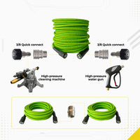 DECA 3200 PSI green pressure washer hose connection guide infographic, illustrating how to use 3/8 inch quick connect adapters to link the hose from the high-pressure machine pump to the spray gun, and featuring a hose extension method using a stainless steel coupler.
