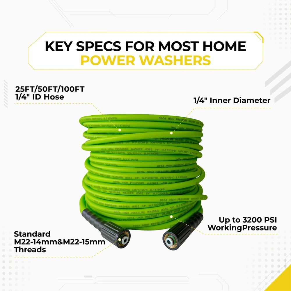 DECA green high pressure washer hose technical specifications infographic, highlighting options for 25FT, 50FT, and 100FT lengths, 1/4 inch inner diameter (ID), standard M22-14mm and M22-15mm threads, and up to 3200 PSI working pressure for home power washers.