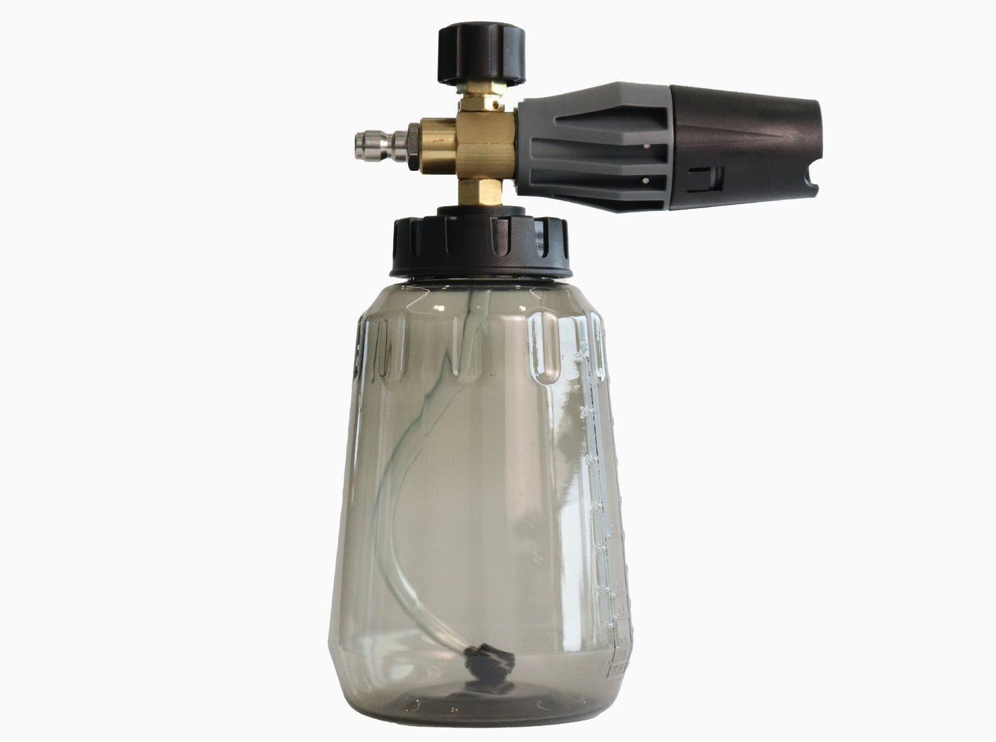 Deca heavy-duty pressure washer foam cannon with translucent grey bottle, solid brass core, and adjustable spray nozzle for car washing and detailing.