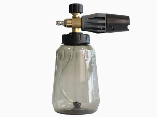 Deca heavy-duty pressure washer foam cannon with translucent grey bottle, solid brass core, and adjustable spray nozzle for car washing and detailing.