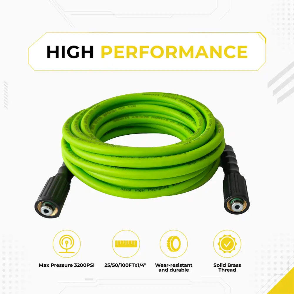 DECA high-performance green pressure washer hose infographic, highlighting key durable features: max pressure 3200 PSI, available in 25/50/100FT by 1/4 inch sizes, wear-resistant and durable jacket, and solid brass thread connectors.