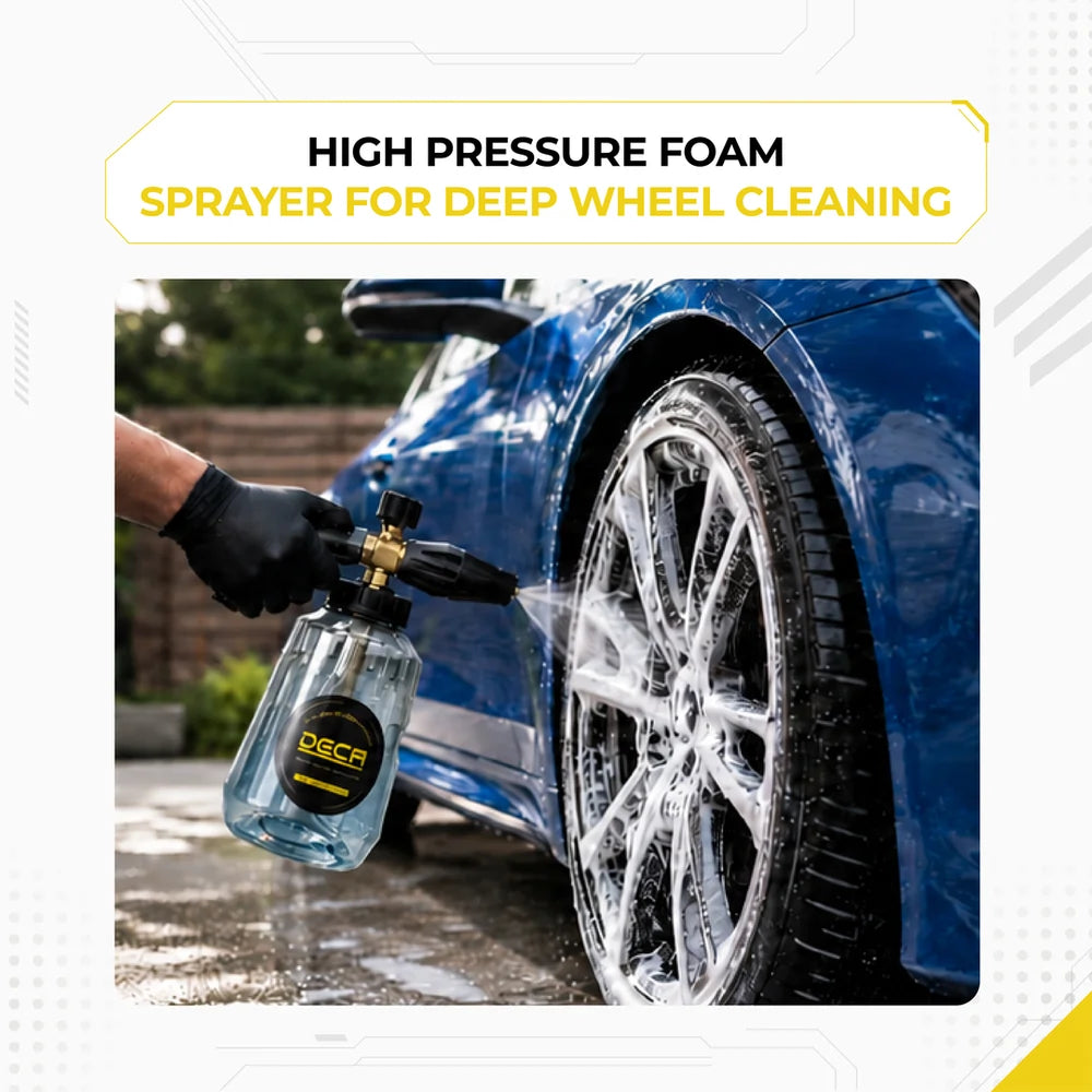 DECA high pressure foam sprayer infographic showing real-world application for deep wheel cleaning, spraying thick car wash foam onto a blue car's tire and rim for detailing.