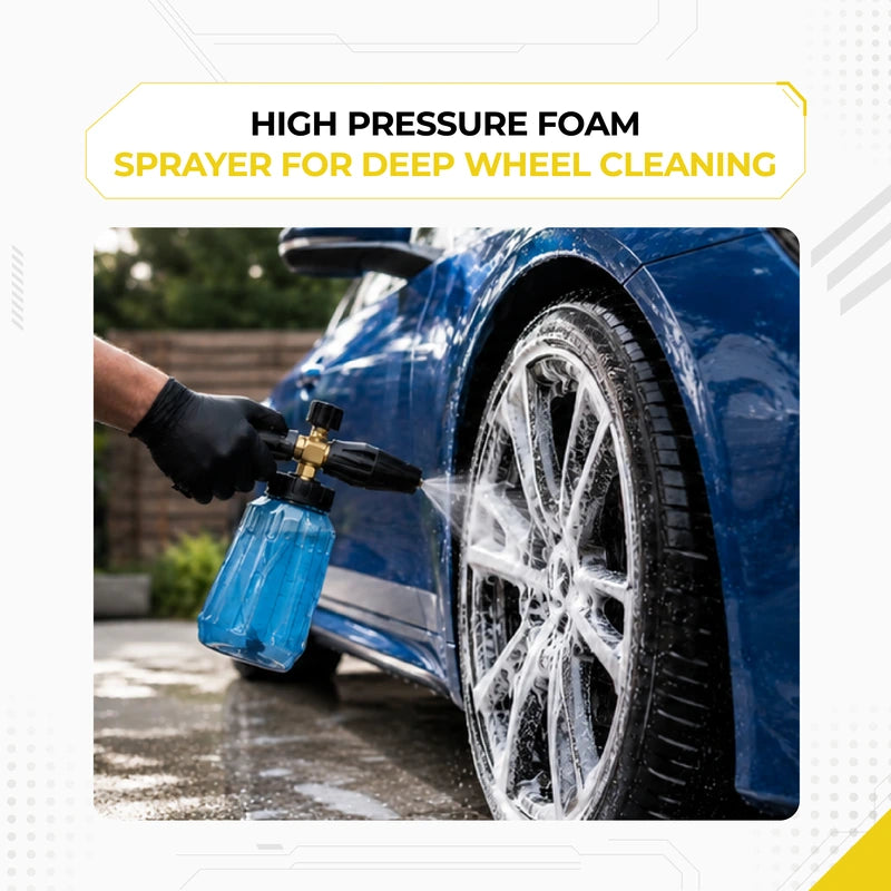 Deca high pressure foam cannon spraying thick car wash foam directly onto a car alloy wheel for deep rim and tire cleaning.