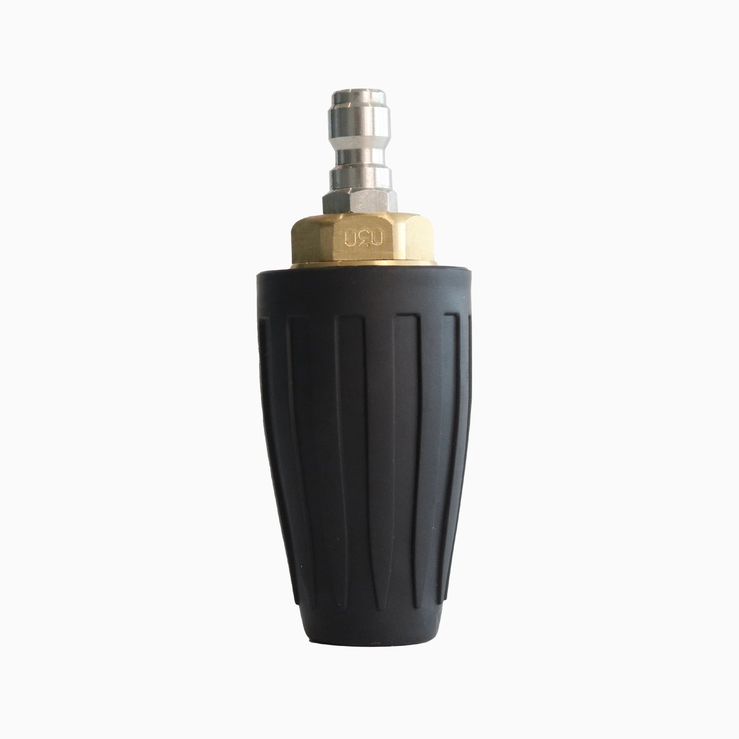 Deca high pressure washer rotating turbo nozzle, featuring a heavy-duty solid brass core, protective black rubber housing, and a universal 1/4 inch stainless steel quick connect plug.