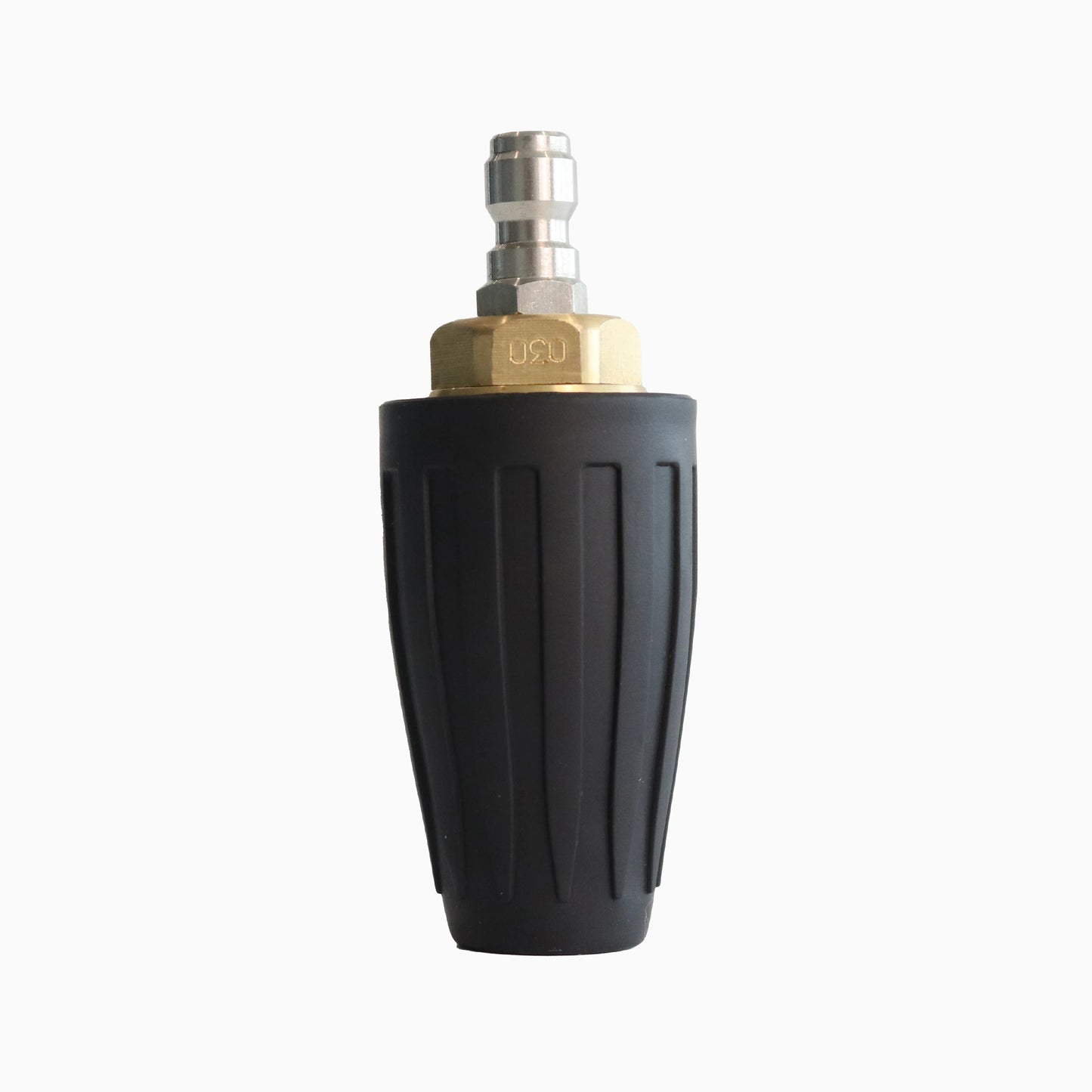 Deca high pressure washer rotating turbo nozzle, featuring a heavy-duty solid brass core, protective black rubber housing, and a universal 1/4 inch stainless steel quick connect plug.