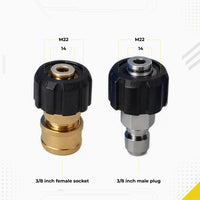 DECA pressure washer adapter fittings dimensions infographic, detailing a brass M22 14mm to 3/8 inch female socket quick disconnect coupler and a stainless steel M22 14mm to 3/8 inch male plug adapter.
