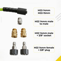 DECA 5-piece pressure washer adapter fittings specification chart, displaying measurements: M22 14mm male to male stainless steel coupler, two brass M22 14mm male to 3/8 inch quick disconnect sockets, and two M22 14mm female to 3/8 inch quick-connect plugs.