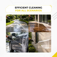 Deca pressure washer extension wands application scenarios, showcasing efficient multi-purpose cleaning for driveway pathways, wooden patios, car washing, and house exterior walls.