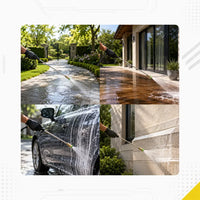 DECA pressure washer extension wand in-use scenarios: four-panel collage demonstrating versatile multi-surface cleaning including stone driveway pressure washing, wooden deck cleaning, car rinsing, and concrete exterior wall washing.