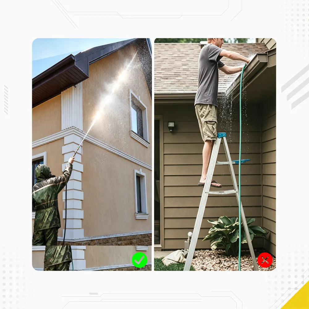 DECA pressure washer extension wand safety comparison infographic, showing a user safely cleaning house siding from the ground versus a dangerous alternative of climbing a ladder with a garden hose for gutter cleaning.