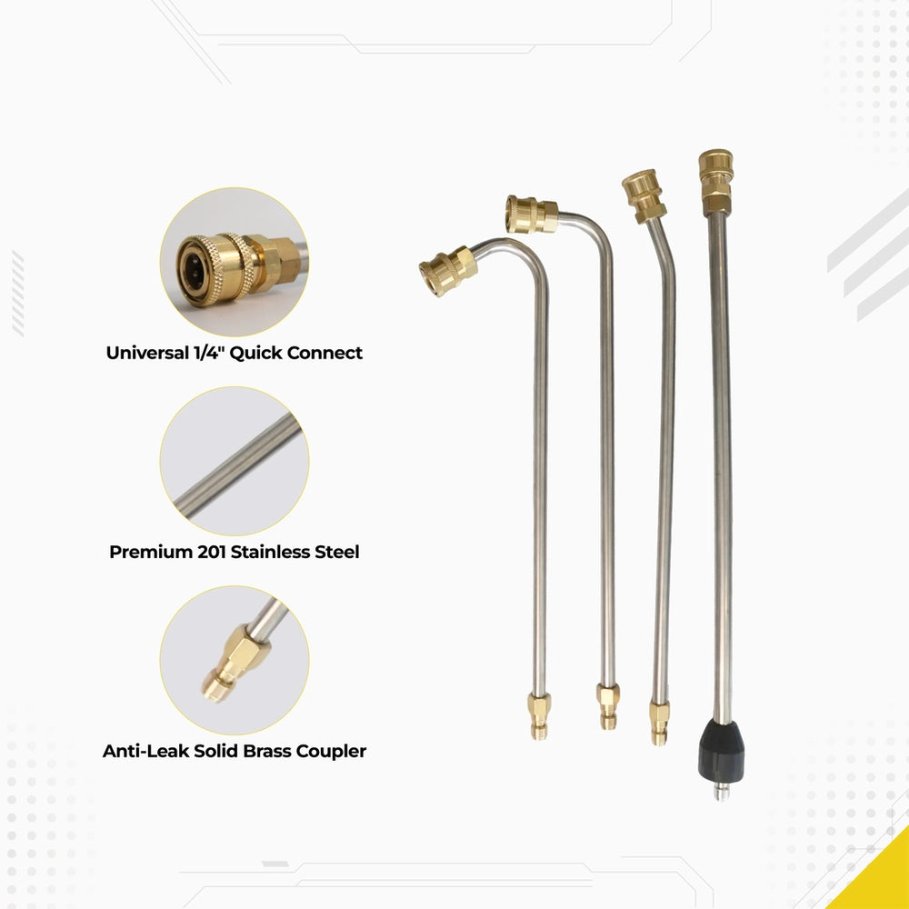 DECA pressure washer extension wands infographic detailing premium material specifications: universal 1/4 inch quick connect, premium 201 stainless steel rods, and anti-leak solid brass couplers for multi-angle spray wands.
