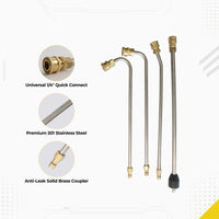 DECA pressure washer extension wands infographic detailing premium material specifications: universal 1/4 inch quick connect, premium 201 stainless steel rods, and anti-leak solid brass couplers for multi-angle spray wands.