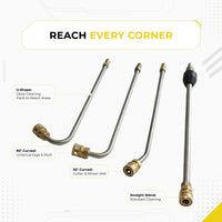 DECA pressure washer extension wands infographic showcasing 4 types: U-Shape for deep cleaning, 90 degree curved for undercarriage and roof, 30 degree curved for gutter and wheel well, and a straight wand for standard cleaning.