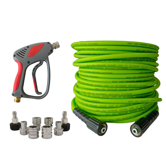 DECA pressure washer upgrade combo kit including a short spray gun with red handle accents, a heavy-duty 3200 PSI bright green high-pressure hose, and an 8-piece solid brass and stainless steel quick-connect adapter fitting set.