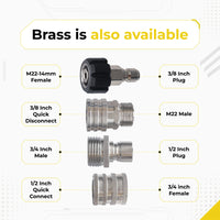DECA pressure washer stainless steel adapter fittings specification chart, displaying measurements including M22-14mm Female to 3/8 Inch Plug, 3/8 Inch Quick Disconnect to M22 Male, 3/4 Inch Male to 1/2 Inch Plug, and 1/2 Inch Quick Connect to 3/4 Inch Female.