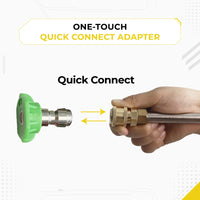 Hand demonstrating Deca pressure washer wand one-touch quick connect adapter, snapping a green spray nozzle into the brass female coupler.