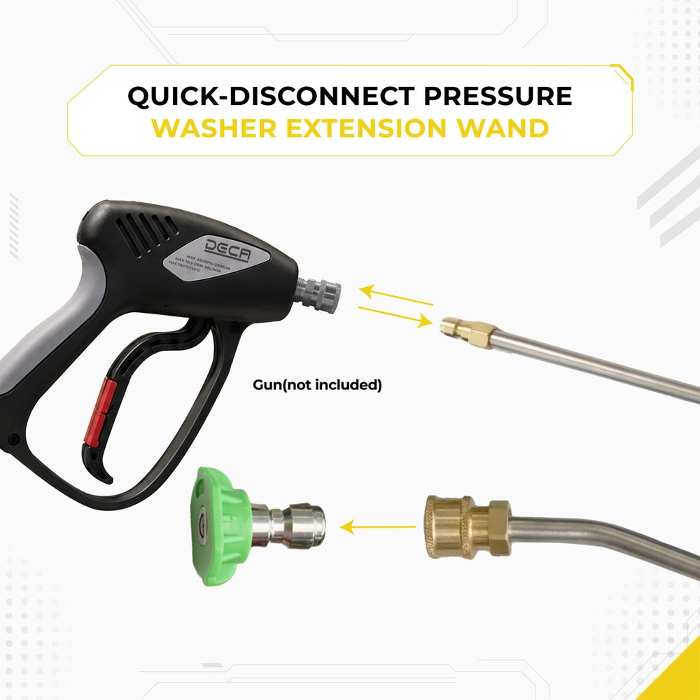 DECA quick-disconnect pressure washer extension wand infographic, demonstrating compatibility and connection between a spray gun (not included), the stainless steel extension pole, and a 1/4 inch quick-connect green nozzle tip.