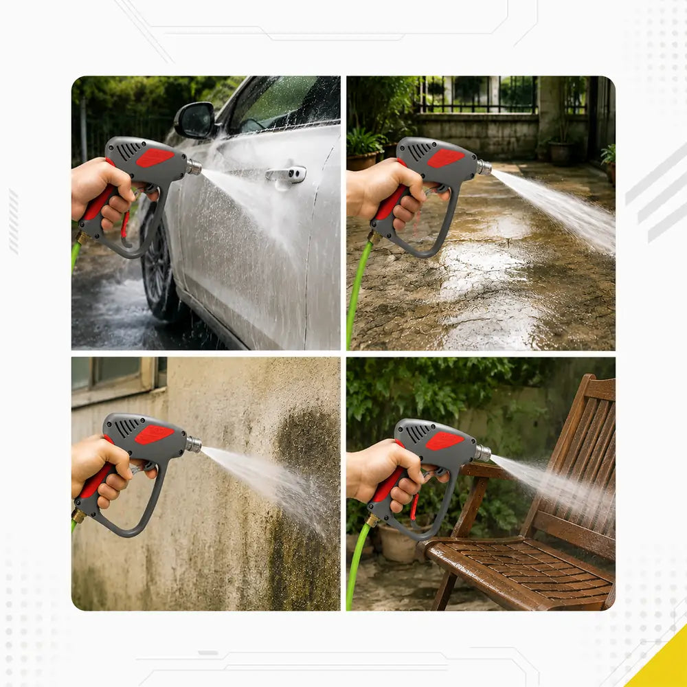 DECA short pressure washer spray gun with red handle accents application infographic, featuring a four-panel collage demonstrating outdoor cleaning: car washing, concrete driveway rinsing, concrete wall power washing, and cleaning a wooden patio chair.