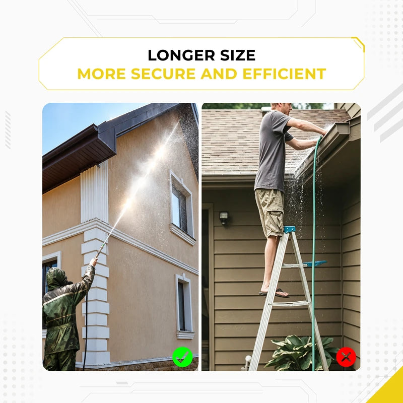 Safety comparison showing Deca longer pressure washer extension wand allows user to clean high house walls from the ground safely versus dangerous ladder climbing method for gutter cleaning.