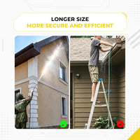 Safety comparison showing Deca longer pressure washer extension wand allows user to clean high house walls from the ground safely versus dangerous ladder climbing method for gutter cleaning.
