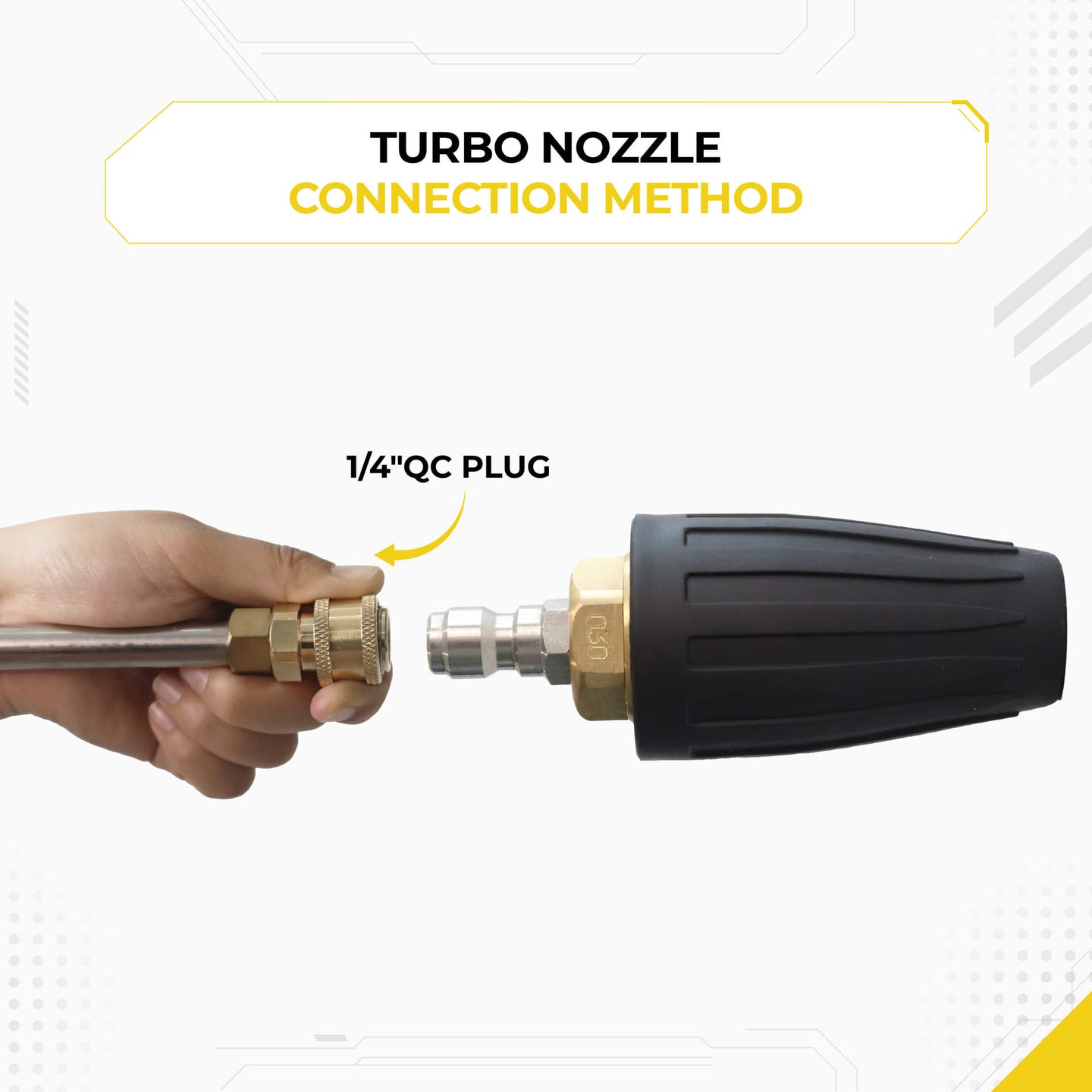 Hand demonstrating the connection method of a Deca pressure washer turbo nozzle into a standard extension wand using the 1/4 inch quick connect plug.