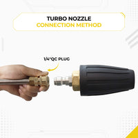 Hand demonstrating the connection method of a Deca pressure washer turbo nozzle into a standard extension wand using the 1/4 inch quick connect plug.