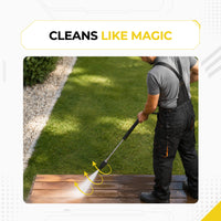 Deca pressure washer turbo nozzle in action on a wooden deck, showing the high-velocity rotating water stream lifting dirt and moss from the wood surface during outdoor detailing.
