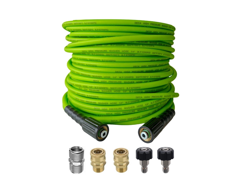 Coiled green 1/4 inch 3200 PSI pressure washer hose set with M22 fittings and brass adapter connectors
