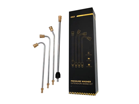Pressure washer extension wand set featuring multi-angle curved stainless steel rods and brand packaging box