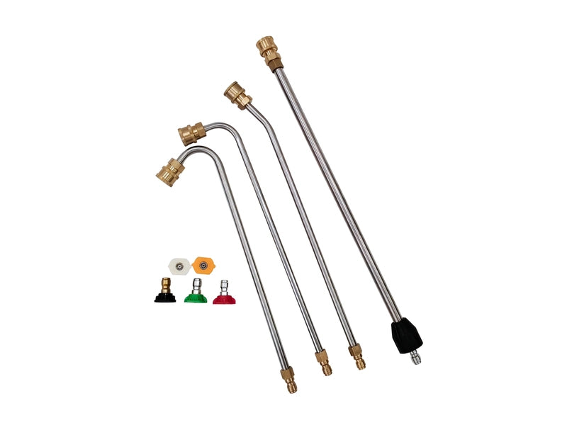 Pressure washer extension wand set with curved stainless steel wands and 5 color-coded spray nozzle tips