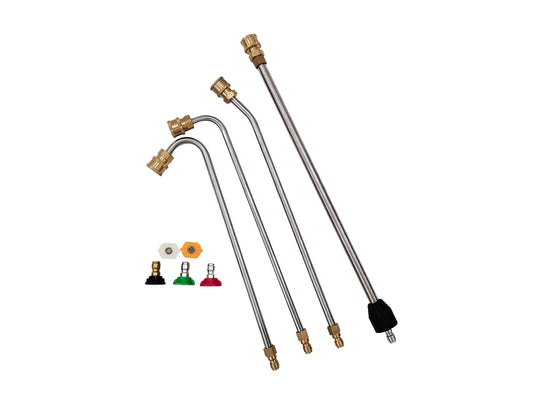 Pressure washer extension wand set with curved stainless steel wands and 5 color-coded spray nozzle tips