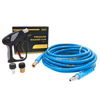 Pressure washer short spray gun kit with coiled blue hose, adapter fittings, and brand packaging box