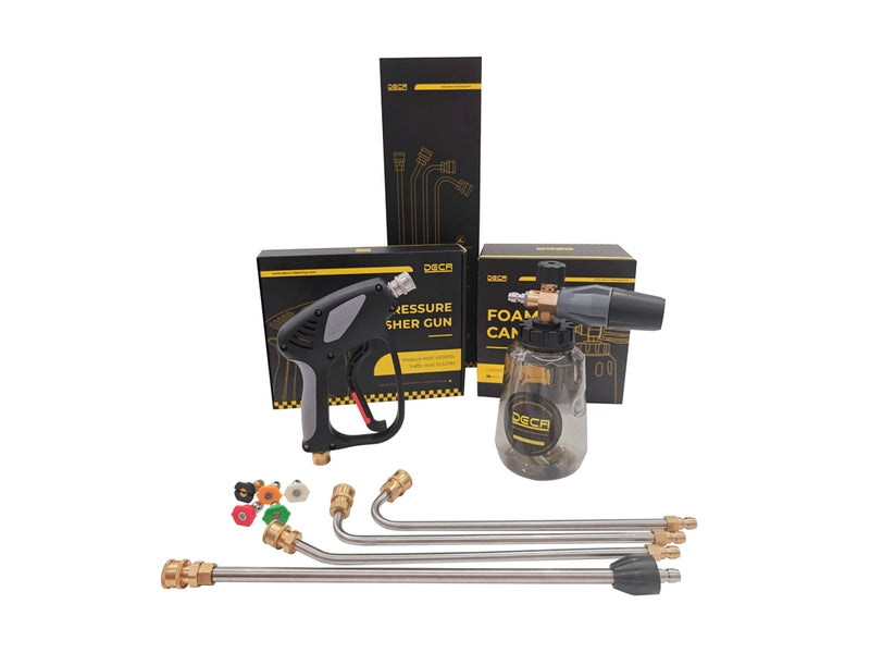 Complete pressure washer accessory kit with short spray gun, foam cannon, extension wands, and color-coded nozzles