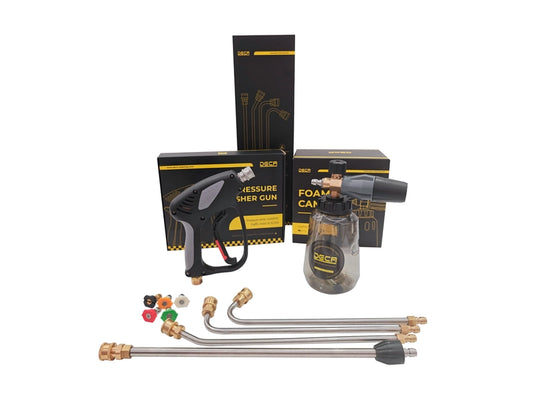 Complete pressure washer accessory kit with short spray gun, foam cannon, extension wands, and color-coded nozzles