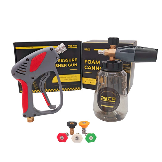 Pressure washer short spray gun set with foam cannon, color-coded spray nozzle tips, and brand packaging boxes