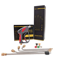 Heavy duty pressure washer short spray gun set with curved extension wands, spray nozzles, and product packaging