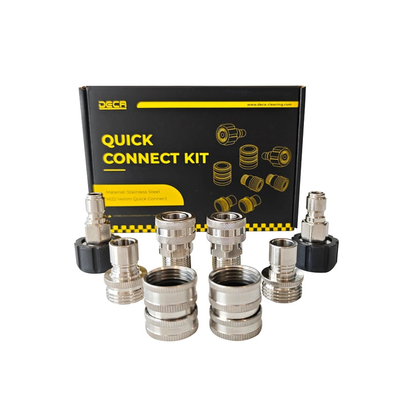 Stainless steel pressure washer quick connect adapter set with M22 fittings and brand packaging box